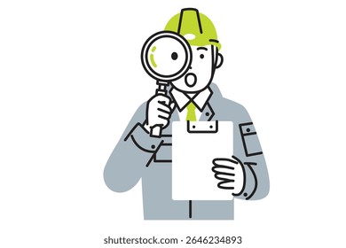 A simple illustration of a male worker wearing work clothes and a helmet greeting