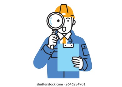 A simple illustration of a male worker wearing work clothes and a helmet greeting