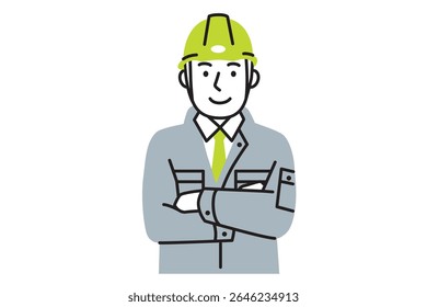 A simple illustration of a male worker wearing work clothes, a helmet and folding his arms
