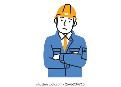 A simple illustration of a male worker wearing work clothes and a helmet with a troubled face