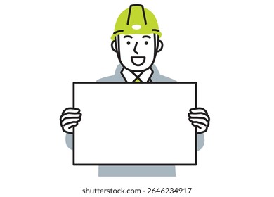 A simple illustration of a male worker wearing work clothes and holding a whiteboard