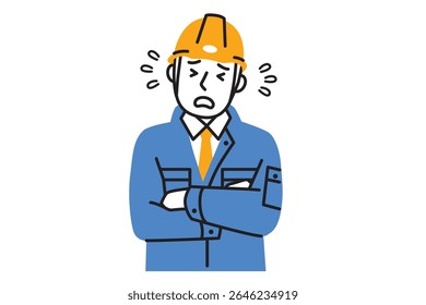 A simple illustration of a male worker wearing work clothes and a helmet with a troubled face