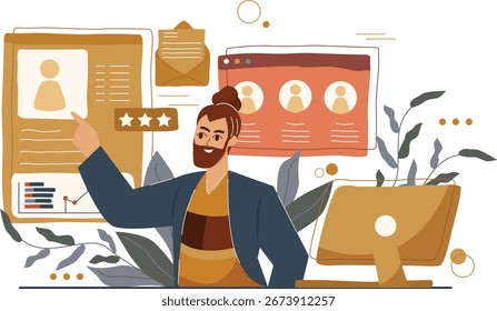Simple Illustration of Man Analyzing Applicant Profiles on a Computer