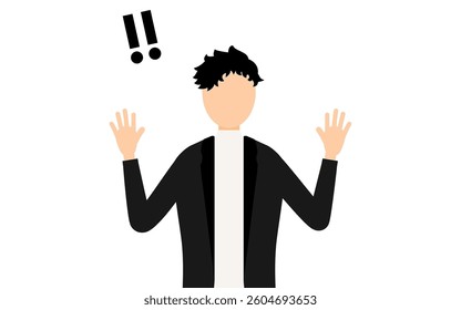 Simple illustration of a man in a black jacket raising his hand in surprise, Vector Illustration