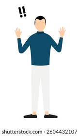 Simple illustration of a man in a blue turtleneck raising his hand in surprise, Vector Illustration