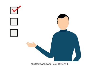 Simple illustration of a man in a blue turtleneck talking and showing the checklist, Vector Illustration