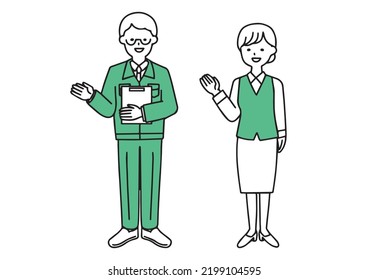  A simple illustration of a man at a construction company and a woman at the reception who explain materials