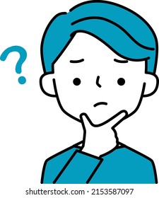 Simple illustration of a man in a distressed pose and expression and a hatena mark