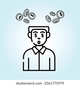 A simple illustration of a man with dollar signs in his eyes, coins falling around him, depicting obsession with wealth.