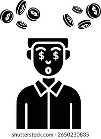 A simple illustration of a man with dollar signs in his eyes, coins falling around him, depicting obsession with wealth vector icon solid style.