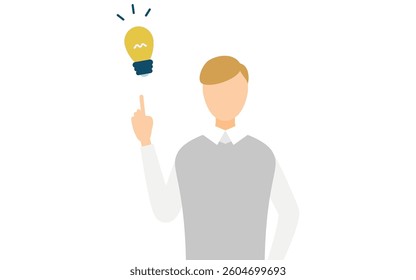 Simple illustration of a man in a gray vest inspiring an idea, Vector Illustration
