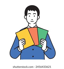 Ilustración simple de un hombre sosteniendo tres cartas