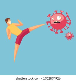 Simple illustration of man kicking corona virus, vector illustration