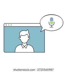 Video Una ilustración simple de un hombre en una llamada con una burbuja de discurso y el icono del micrófono, en una ventana del navegador sobre un fondo blanco