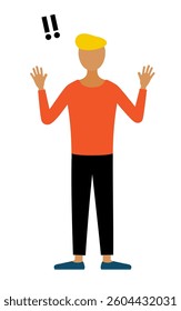 Simple illustration of a man in a red shirt raising his hand in surprise, Vector Illustration