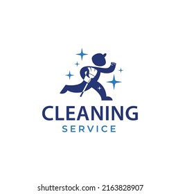 Simple illustration of man running holding a broom with sparkles cleaning service logo icon sign symbol design concept. Vector illustration