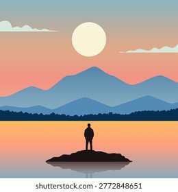 A simple illustration of a man standing on a rock in the middle of a lake looking at the mountains and the sun