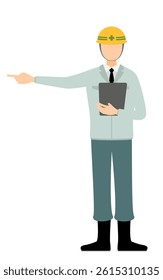 Simple illustration of a man supervisor wearing a helmet take the clipboard and point into the distance