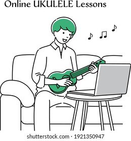 Simple illustration of a man taking online ukulele lessons
