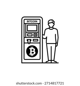 Ilustración simple de un hombre usando un cajero automático de bitcoin para transacciones de criptomonedas.