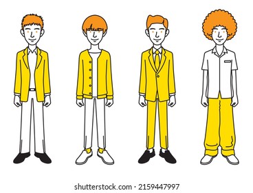 Simple illustration of a man with various hairstyles and clothes.