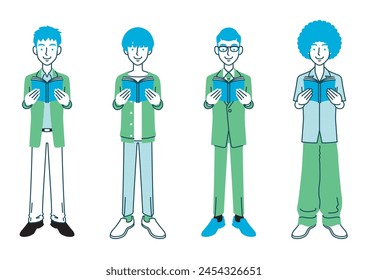 Simple illustration of a man with various hairstyles and clothing reading a book.