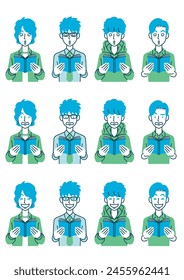 Simple illustration of a man with various hairstyles and clothing reading a book.