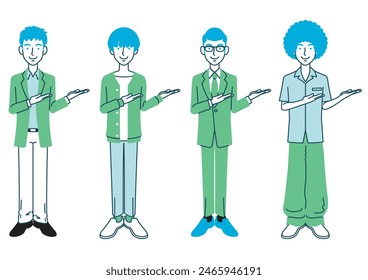 Simple illustration of a man with various hairstyles and outfits, posing with his hand pointing.