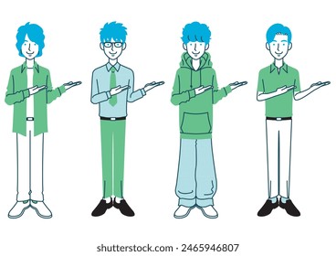 Simple illustration of a man with various hairstyles and outfits, posing with his hand pointing.