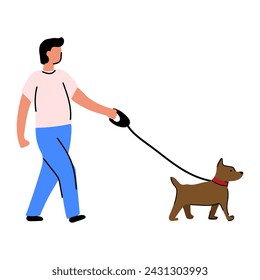 A simple illustration of a man walking his dog. Doodle pet trainer.