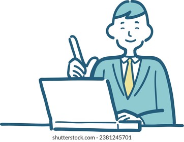 A simple illustration of a man wearing a suit giving guidance while operating a computer with a smile