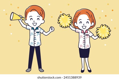 Simple illustration of a man and woman cheering business Vector Kariyushi  Aloha shirt