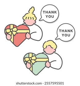 Simple illustration of a man and woman holding a heart-shaped present
