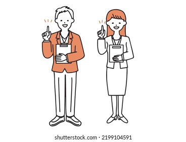  A simple illustration of a man and woman in office casual business who are explaining with materials in hand