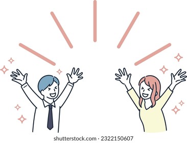 Simple illustration of a man and woman raising their hands in joy