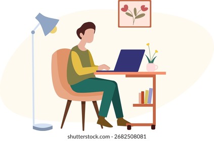 Hombre de la ilustración simple que trabaja en el ordenador portátil en la escena interior casera