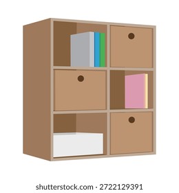 Simples material de ilustração de uma prateleira de armazenamento com caixas e livros