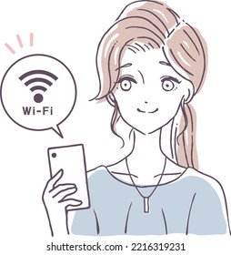 Simple illustration material of a woman connecting a smartphone to wifi