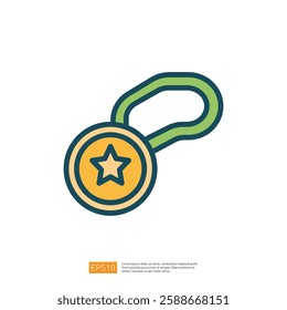 a simple illustration of a medal with a star, symbolizing achievement or recognition, featuring a green loop for hanging. Flat line style icon