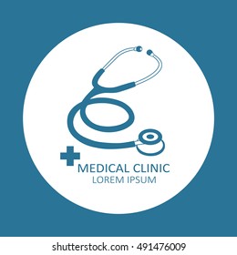 Simple illustration with medical symbol, poster design or backdrop. Phonendoscope and blue cross ambulance, background vector. The emblem of medical clinic. Good for a printing and web materials