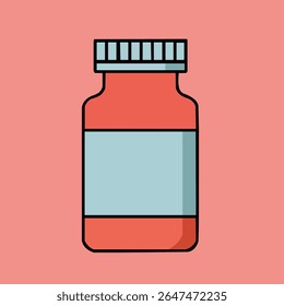 Ilustração simples de um frasco de medicamento com uma etiqueta e uma tampa de parafuso em um fundo rosa. Design minimalista que representa produtos farmacêuticos, assistência médica e medicamentos.