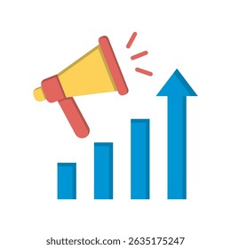 Simple illustration of a megaphone, rising bar graph, and upward arrow, representing business growth, marketing, and promotion.