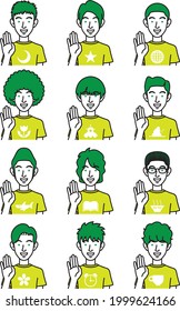 A simple illustration of men with different hairstyles raising their hands in greeting.