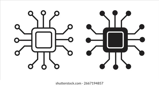 Einfache Abbildung eines Mikrochips mit Verbindungen, in schwarz-weißer Ausführung, einzeln auf weiß dargestellt.