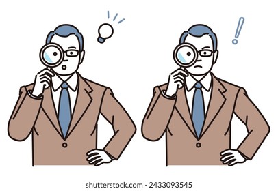 Simple illustration of a middle-aged businessman looking through a magnifying glass