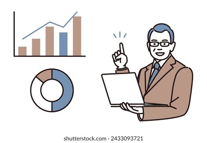 Una simple ilustración de un hombre de negocios de mediana edad mostrando un gráfico y explicando mientras mira un portátil