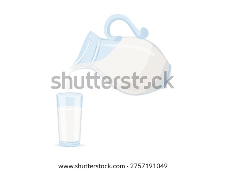 Simple illustration of milk being poured from a bottle into a glass, clean minimal style representing freshness and daily nutrition. Stock Illustration.