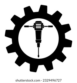 Simple illustration of mining hammer drill in gear icon