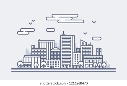 Simple illustration of modern city landscape. Office buildings and skyscrapers. Architecture background.