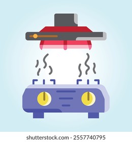 A simple illustration of a modern gas stove with a range hood above it, steam rising from the burners.